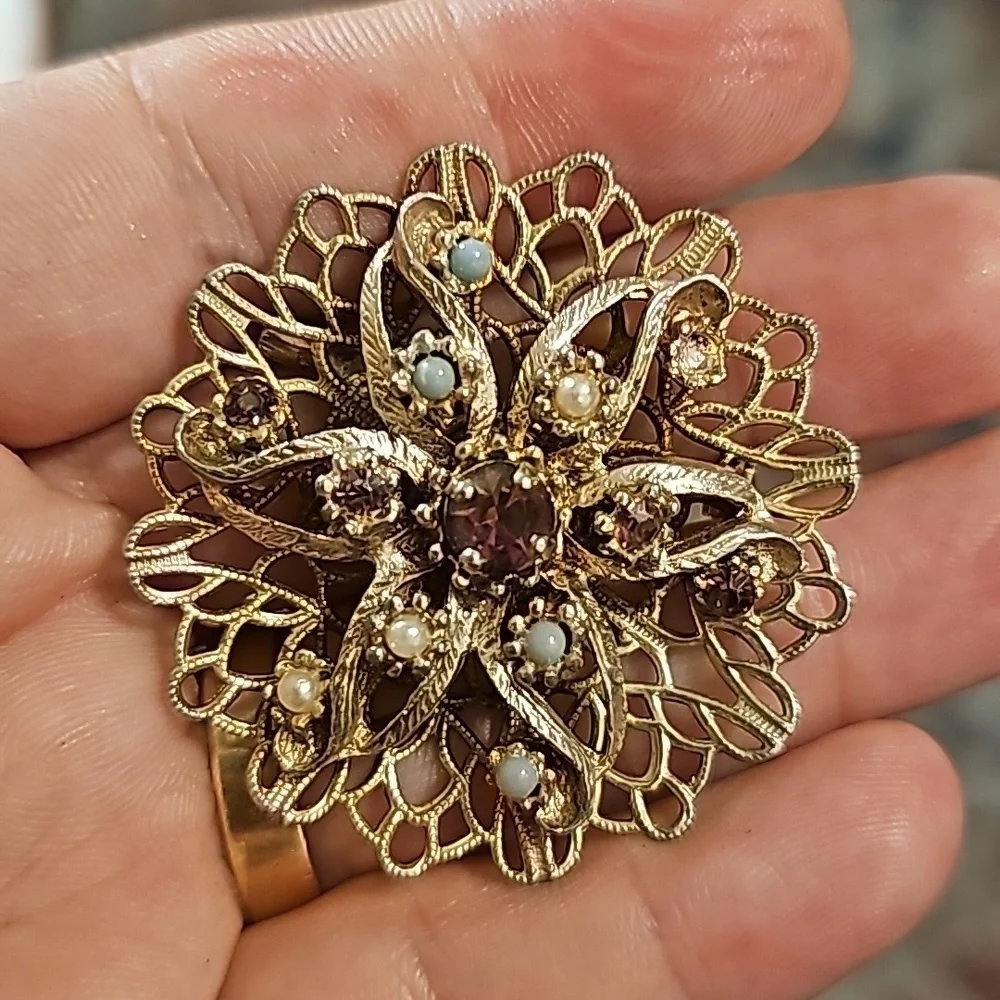 Vintage Purple Blue Rhinestone Star Filigree Pin Brooch Seed Pearls
